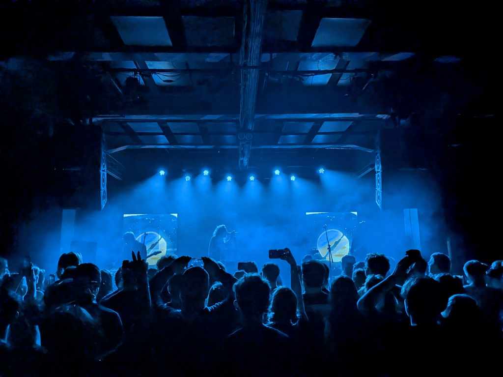A live music concert with a crowd enjoying the performance, illuminated by blue lights and hazy smoke.